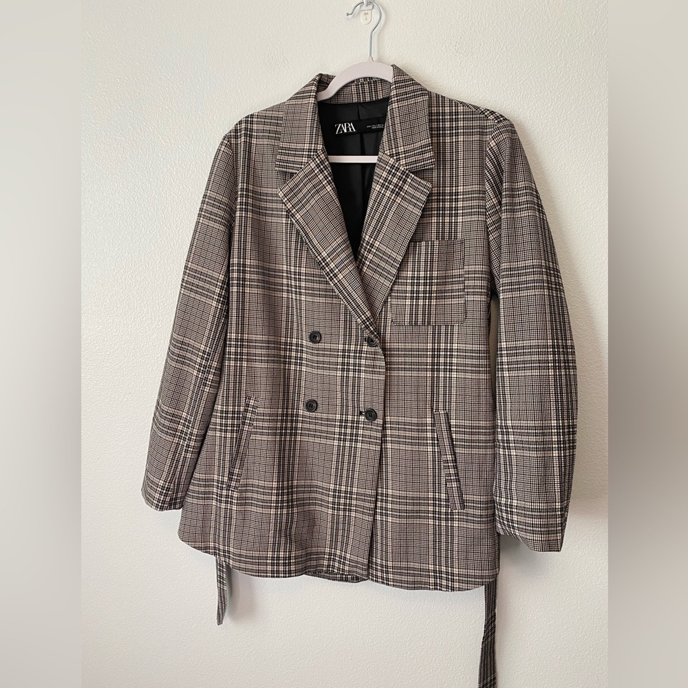 Zara Blush Pink & Black Plaid Double Breasted Stretch Blazer with belt Small - Picture 5 of 13
